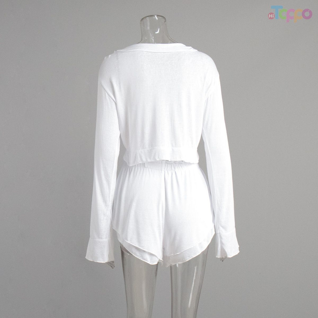 Women's White Long-Sleeve Tie-Front Cutout Shorts Lounge Set