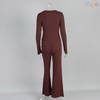 Women's Burgundy Long-Sleeve Two-Tone Flared Pants Lounge Set