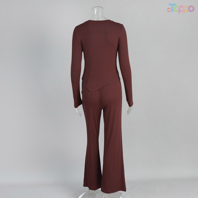 Women's Burgundy Long-Sleeve Two-Tone Flared Pants Lounge Set
