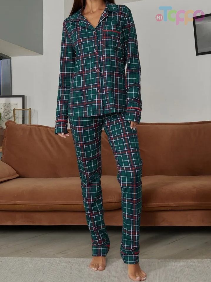 Women's Red Plaid Long-Sleeve Collared Pocket Pajama Set