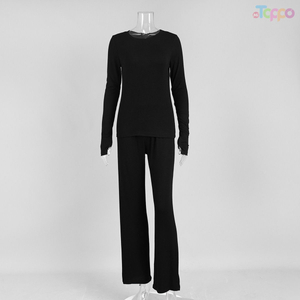 Women's Black Long Sleeve Fitted Top & Wide-Leg Pants Lounge Set