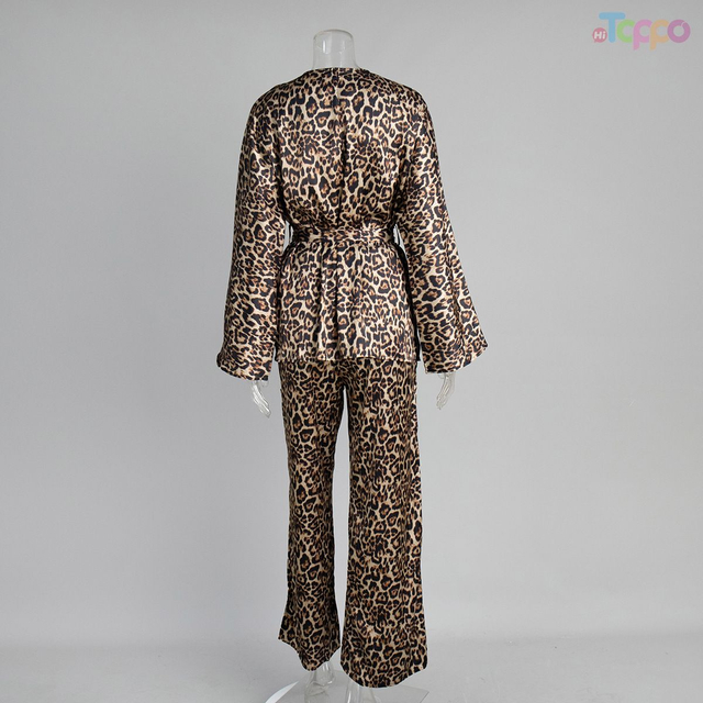 Sexy Leopard Print Satin Pajama Set with Belt