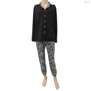Black Collared Button-Front Leopard Print Loungewear Set