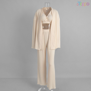 Beige Ribbed Wrap-Front Self-Tie Belt Loungewear Set