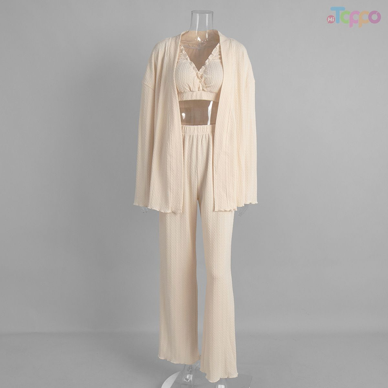 Beige Ribbed Wrap-Front Self-Tie Belt Loungewear Set