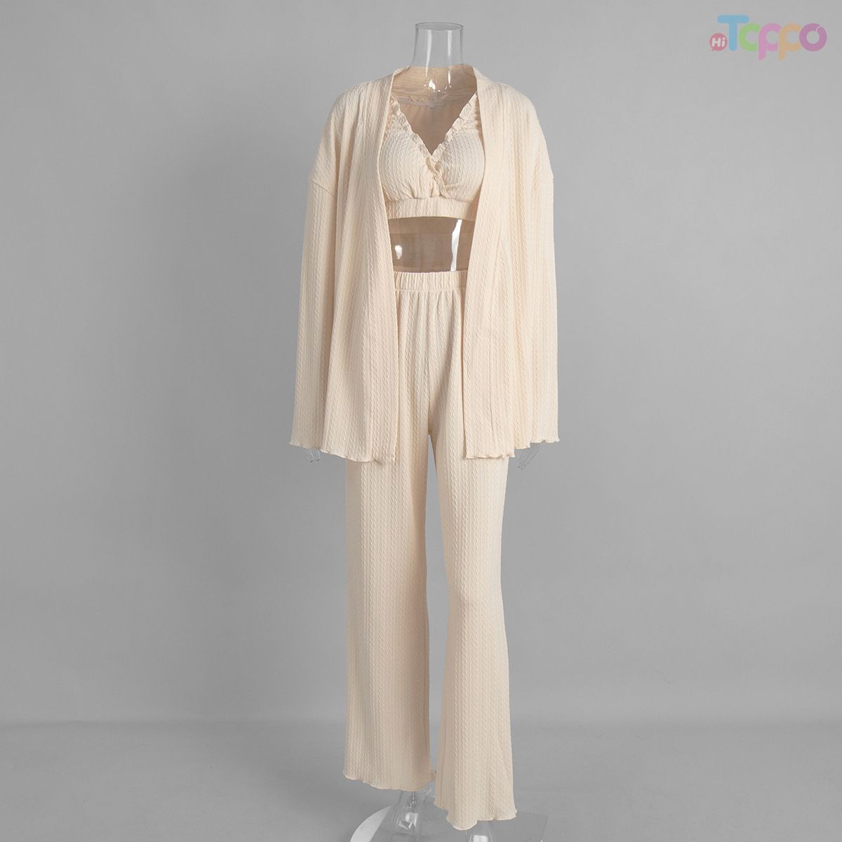 Beige Ribbed Wrap-Front Self-Tie Belt Loungewear Set