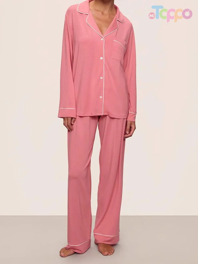 Olive Green Contrast Trim Collared Pajama Set