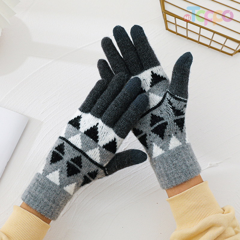 Knitted plaid gloves plus fleece thickened cycling five-finger touch screensaver warm gloves