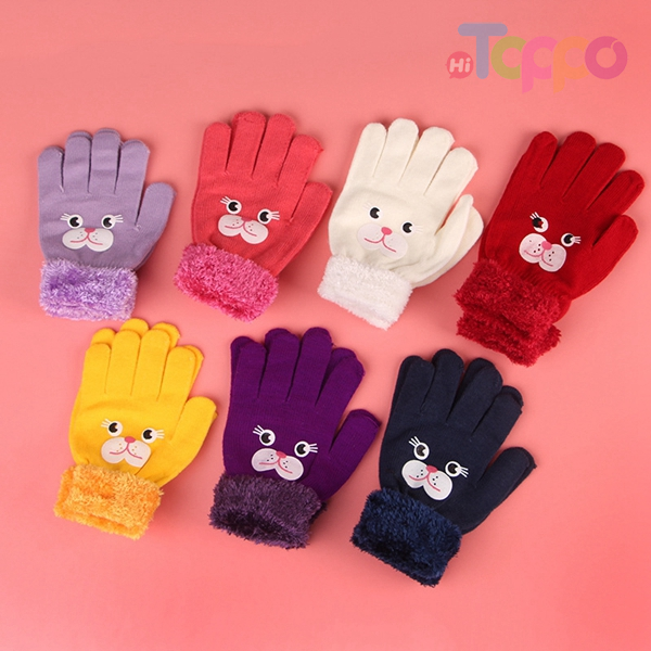 Autumn/Winter Knit Gloves Outdoor Warm Five Finger Printed Cat Cute Children Gloves 