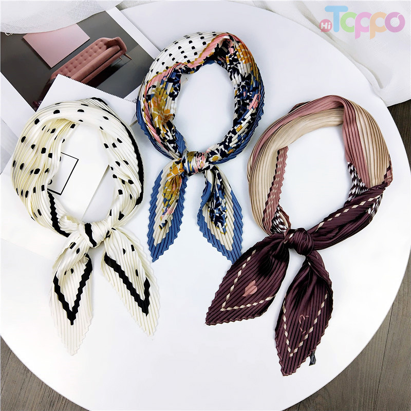 Classic Pleated Imitation Silk Feeling Neckerchief Handbag Head Hair Scarf for Women