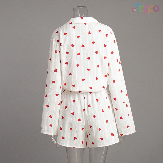 Cute White Red Heart Print Long-Sleeve Short Pajama Set