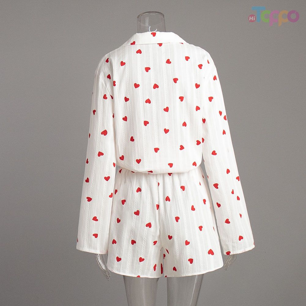 Cute White Red Heart Print Long-Sleeve Short Pajama Set