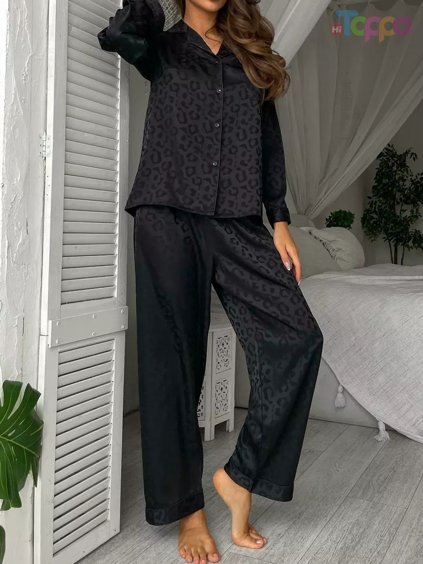 Satin Silver Leopard Print Collared Luxury Pajama Set