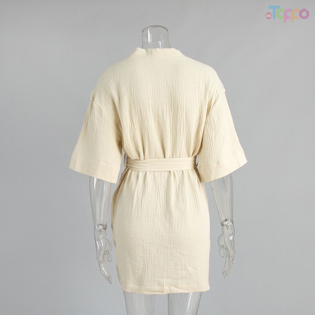 Beige Crinkled Wrap Self-Tie Waist Lounge Dress