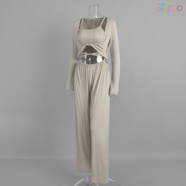 Beige Twist-Front 3-Piece Cami & Wide-Leg Lounge Set