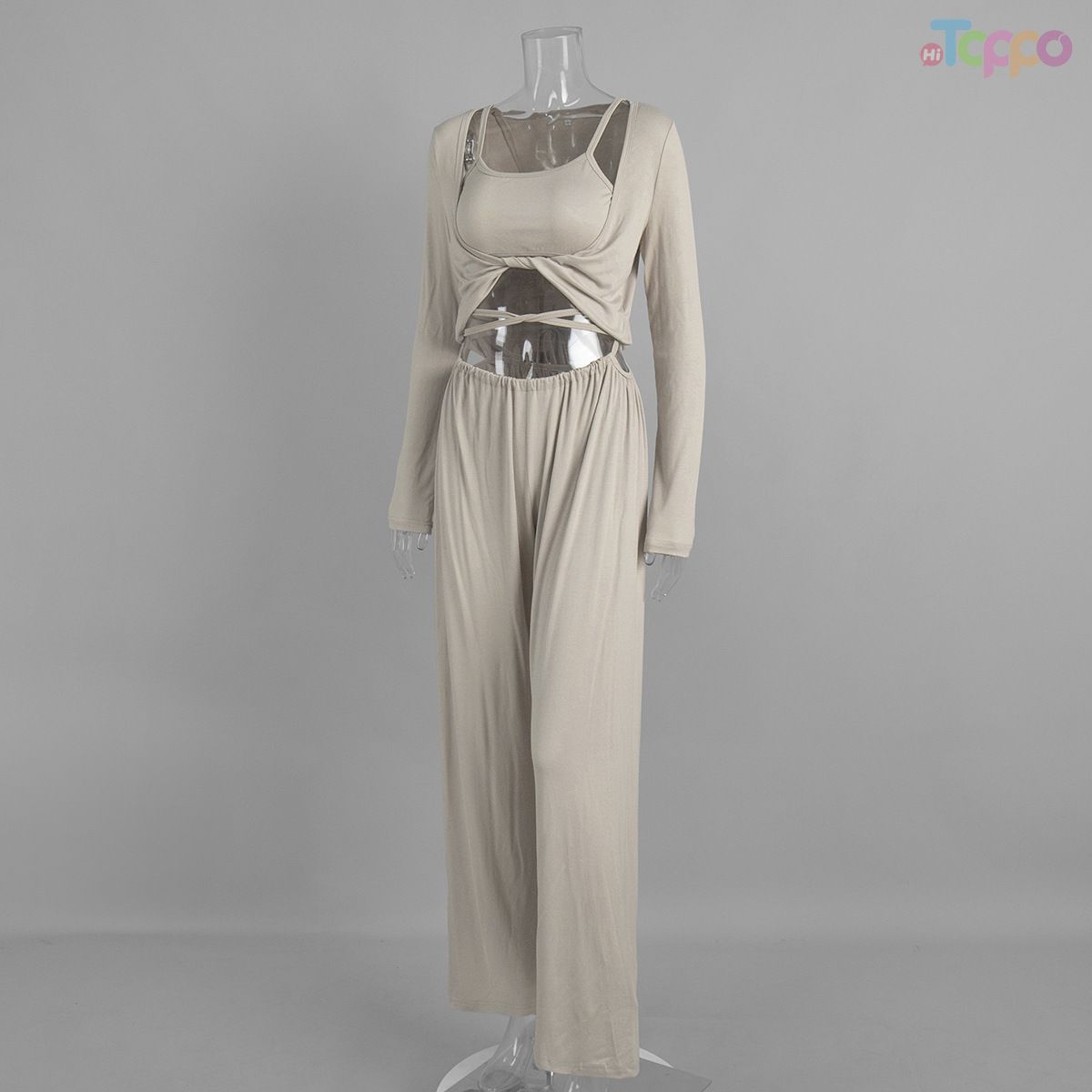 Beige Twist-Front 3-Piece Cami & Wide-Leg Lounge Set