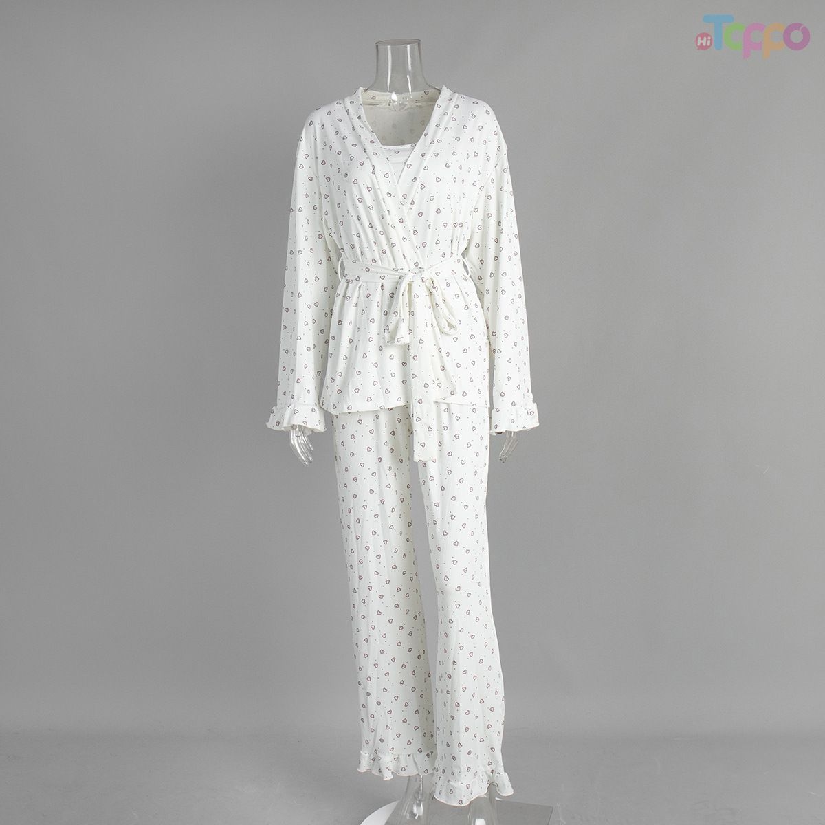 White Heart Print 3-Piece Cardigan & Wide-Leg Lounge Set