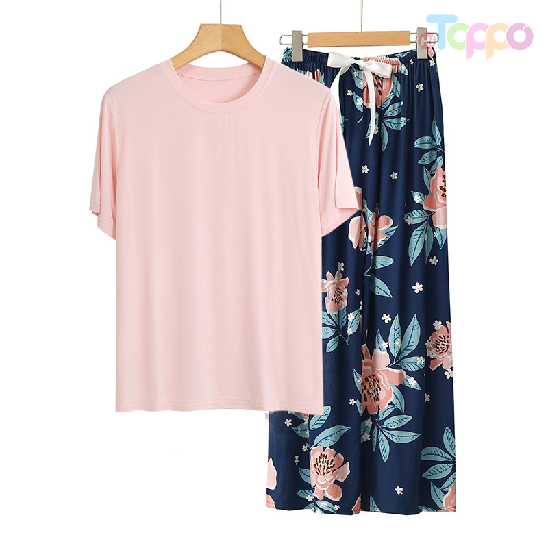 Women's Short-Sleeve Top & Navy Floral Wide-Leg Pants Pajama Set