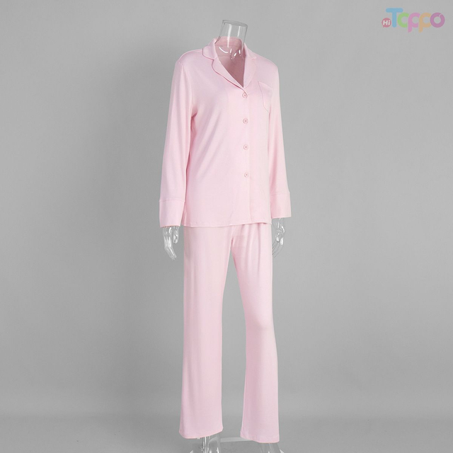 Soft Pink Lapel Collar Button-Front Cozy Pajama Set