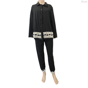 Elegant Black Long-Sleeve Pajama Set with Lace Trim