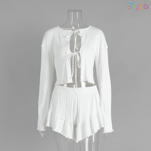 Sweet White Ribbed Tie-Front Crop Pajama Set