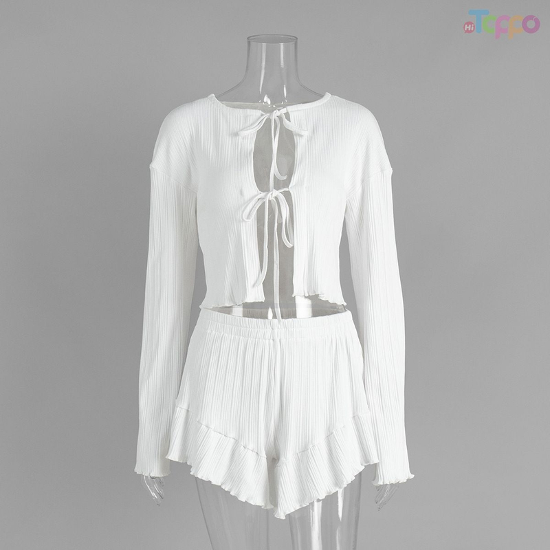 Sweet White Ribbed Tie-Front Crop Pajama Set