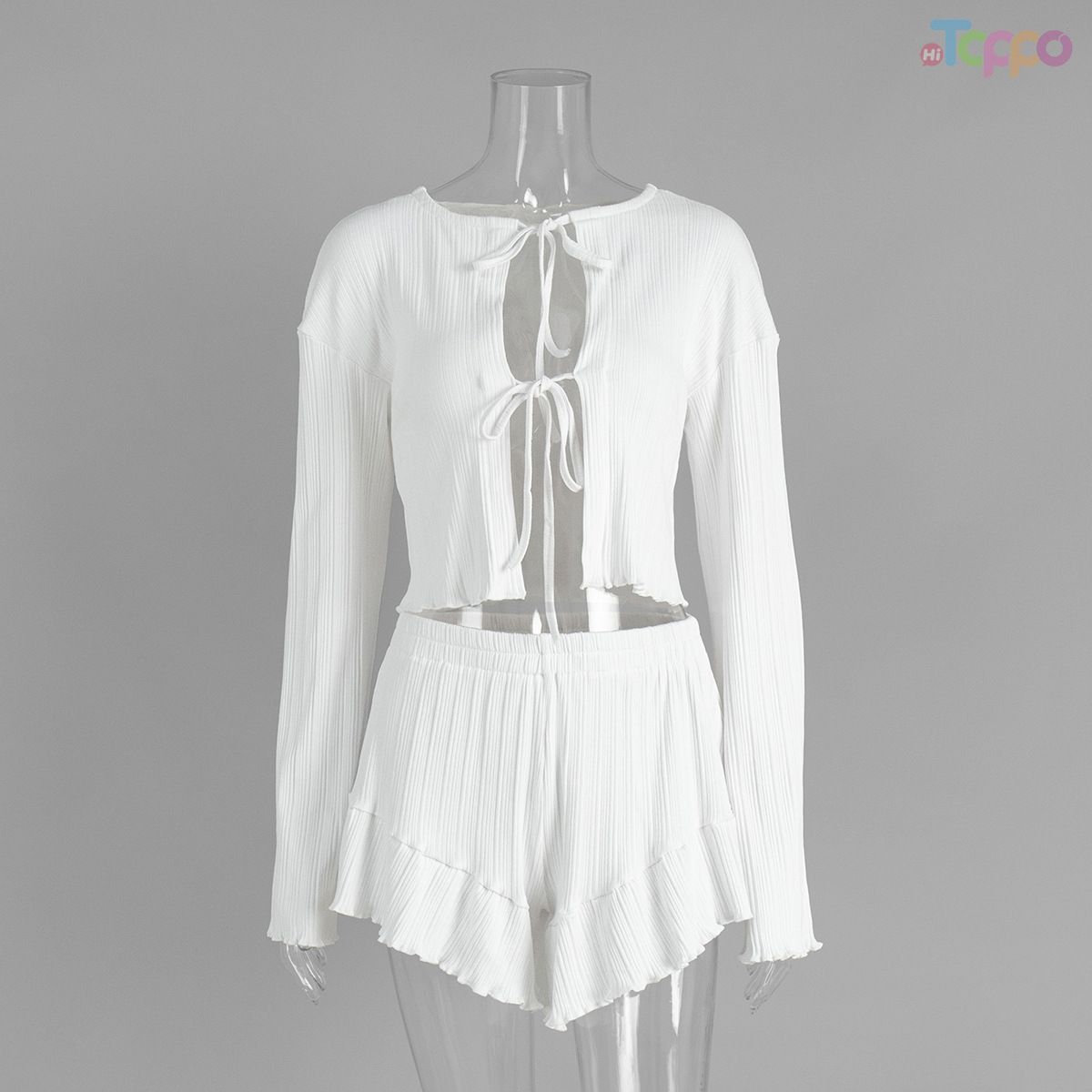 Sweet White Ribbed Tie-Front Crop Pajama Set