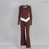 Women's Burgundy Long-Sleeve Two-Tone Flared Pants Lounge Set