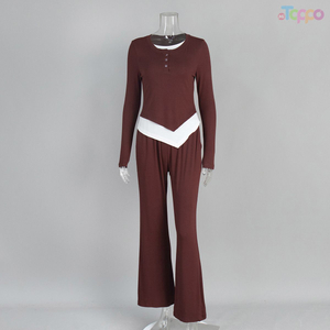Women's Burgundy Long-Sleeve Two-Tone Flared Pants Lounge Set