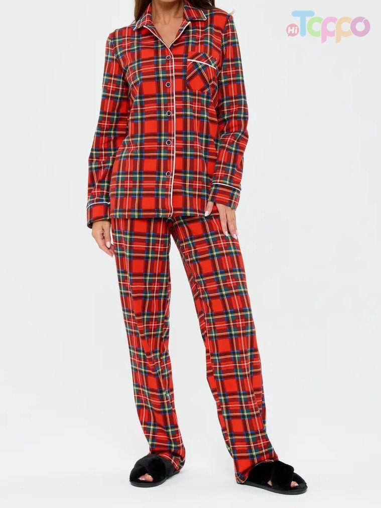 Women's Red Plaid Long-Sleeve Collared Pocket Pajama Set