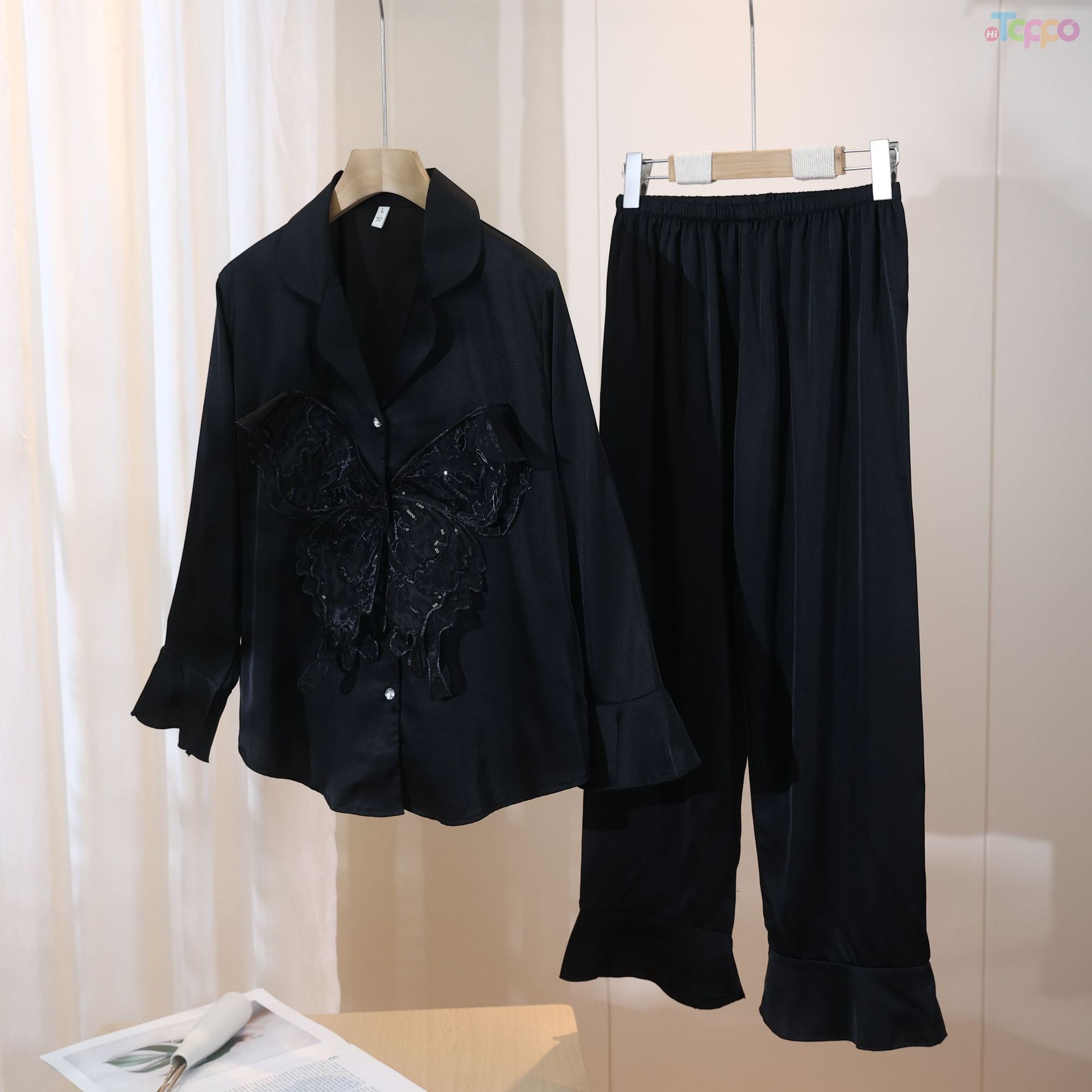 Elegant Lace Butterfly Satin Pajama Set for Women