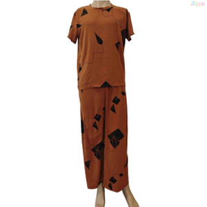 Burnt Orange Black Geometric Short-Sleeve Wide-Leg Loungewear Set