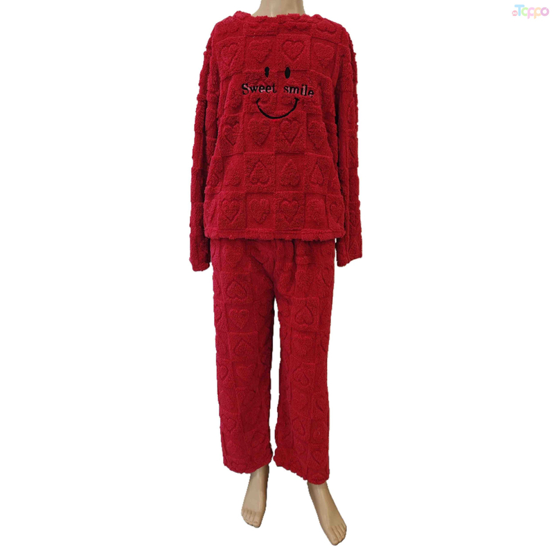 Red Heart Plush Loungewear Set with Sweet Smile Accent