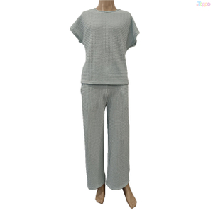 Women's Light Gray Waffle-Knit Short-Sleeve Wide-Leg Lounge Set