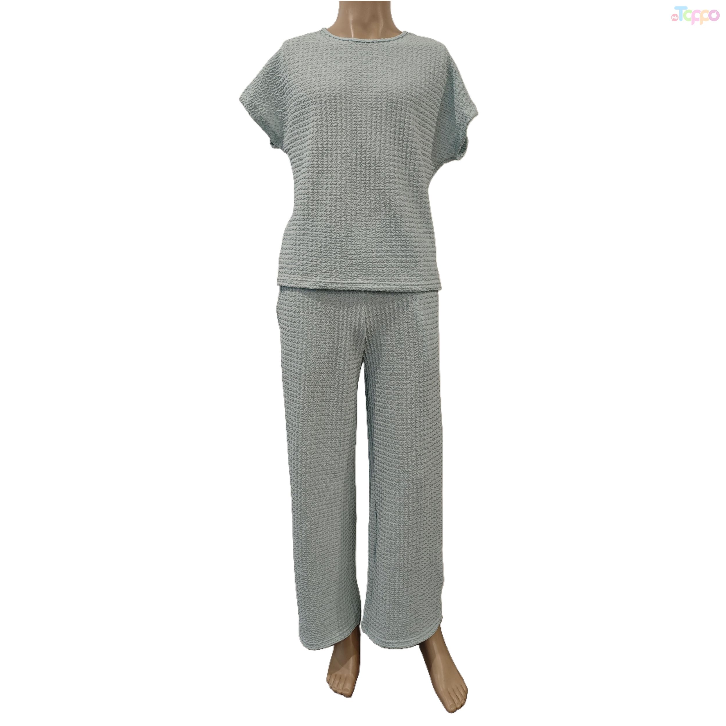 Women's Light Gray Waffle-Knit Short-Sleeve Wide-Leg Lounge Set