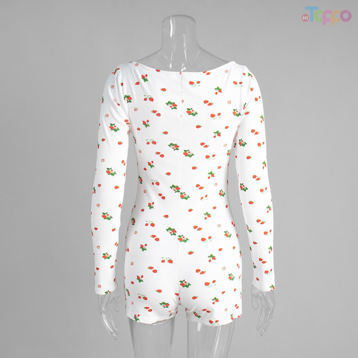 Cozy White Lemon Print Ribbed Long-Sleeve Women Romper