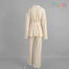Beige Ribbed Wrap-Front Self-Tie Belt Loungewear Set