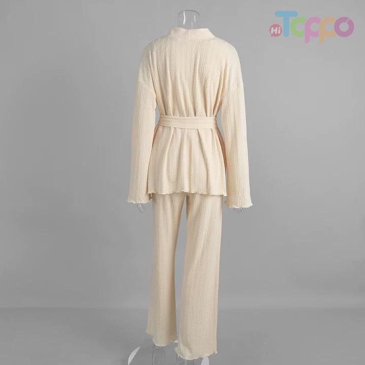 Beige Ribbed Wrap-Front Self-Tie Belt Loungewear Set