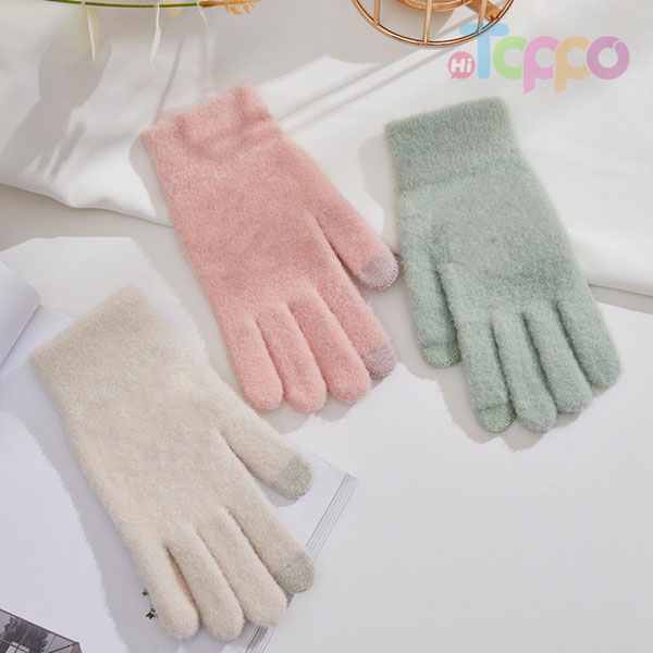  Autumn/winter Warm Knit Touch Screen Gloves 2 Touch Tips Texting Gloves Curly Plush Gloves