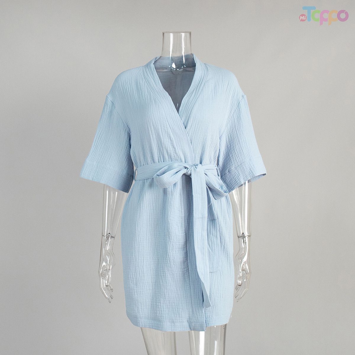 Beige Crinkled Wrap Self-Tie Waist Lounge Dress