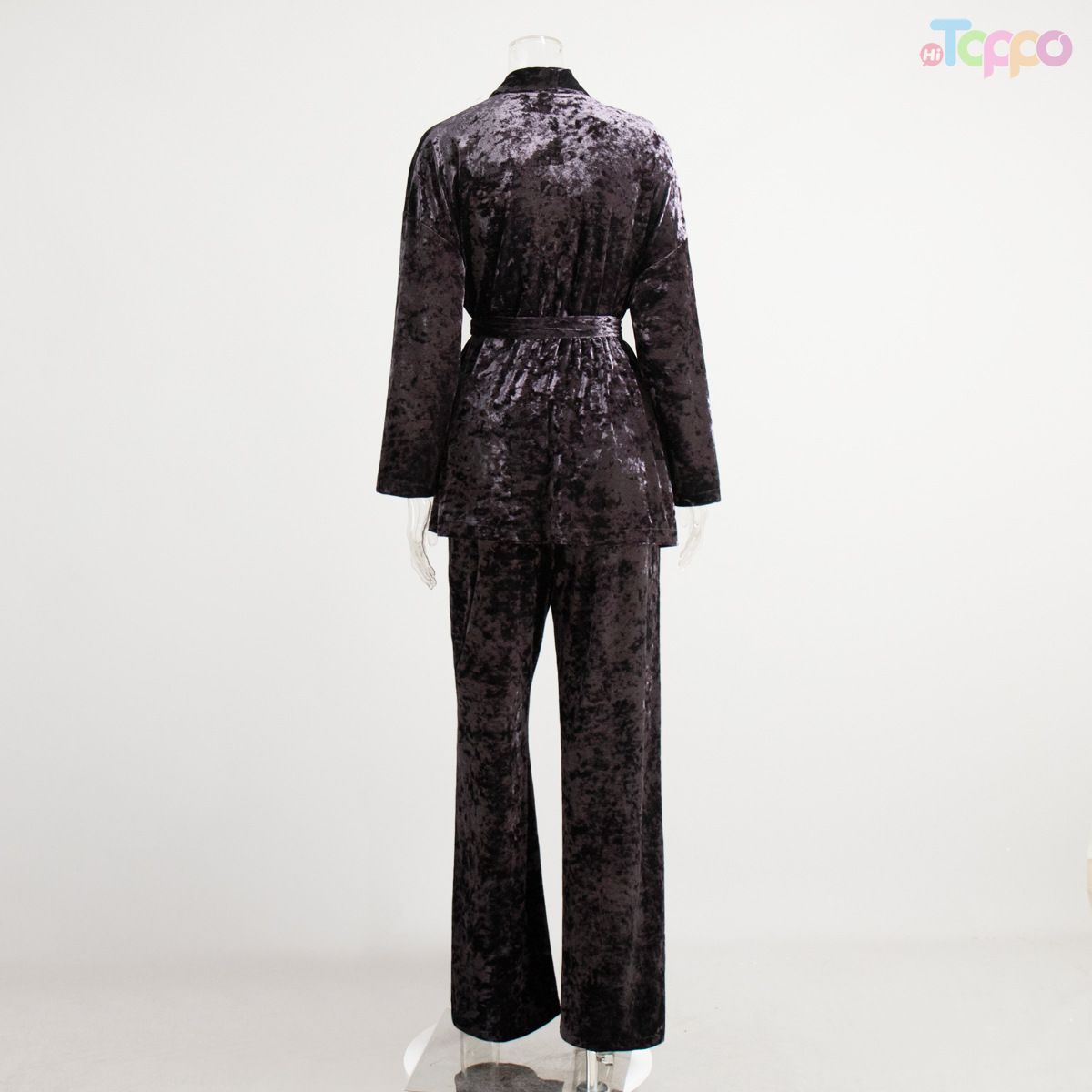 Dark Gray Velvet Robe & Wide-Leg Loungewear Set