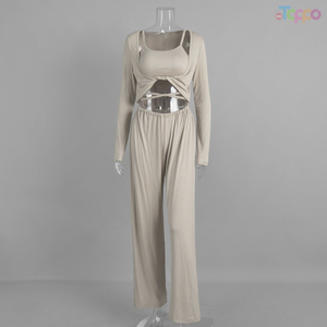 Beige Twist-Front 3-Piece Cami & Wide-Leg Lounge Set