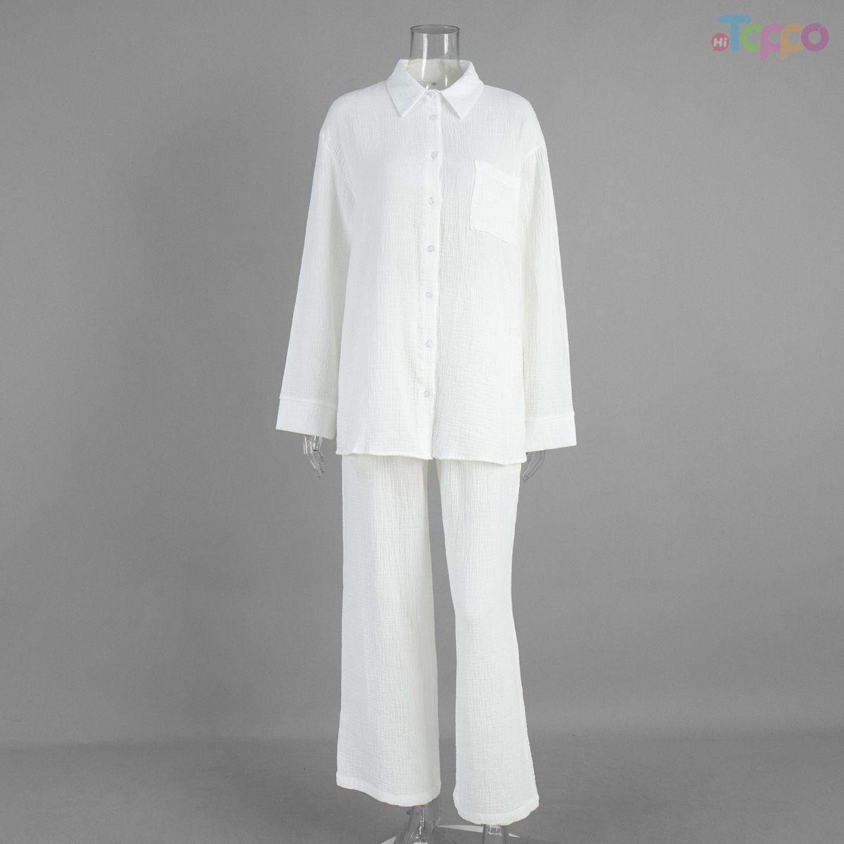 White Textured Oversized Shirt & Wide-Leg Loungewear Set