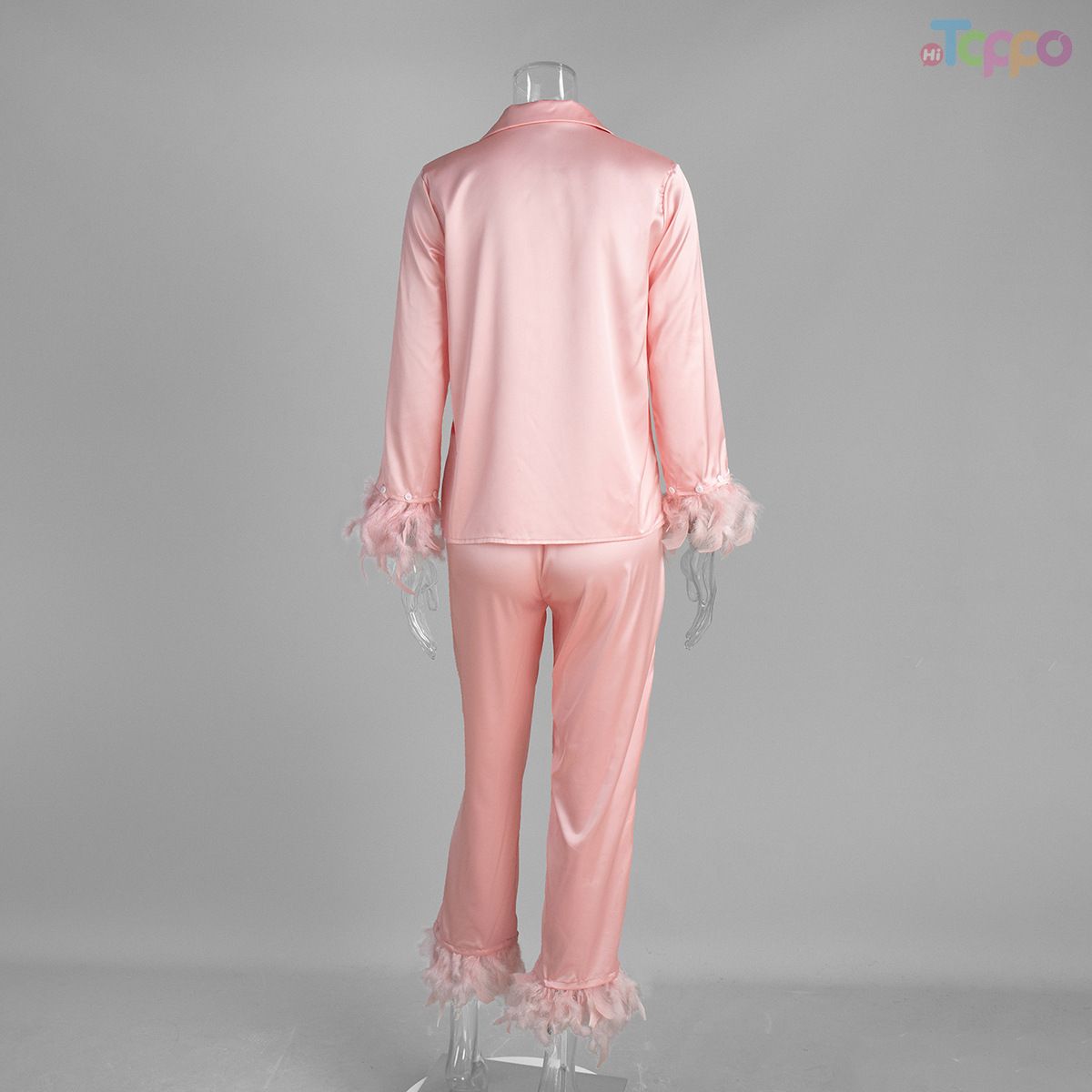 Elegant Pink Satin Feather-Trimmed Pajama Set