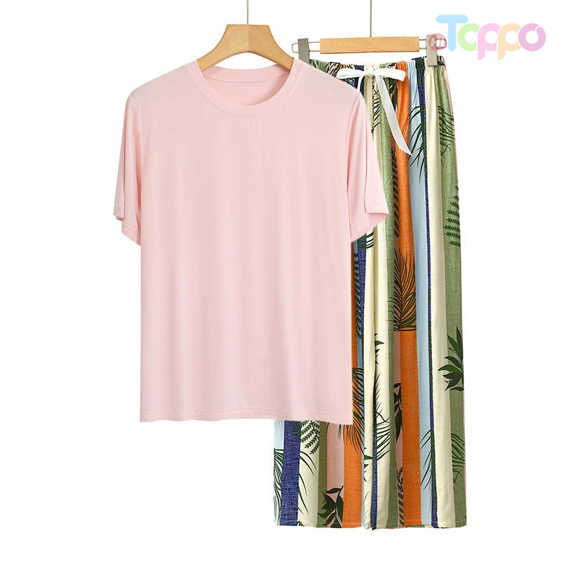 Women's Short-Sleeve Top & Navy Floral Wide-Leg Pants Pajama Set