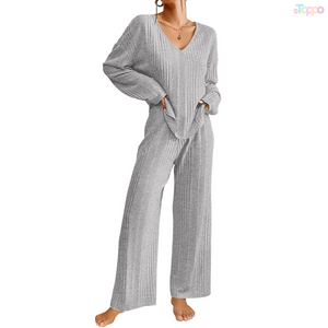 Women's Gray Ribbed Knit V-Neck Long-Sleeve & Wide-Leg Pants Set