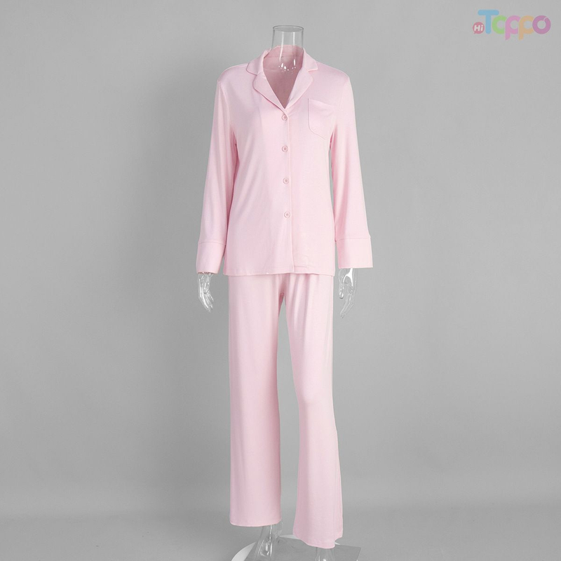 Soft Pink Lapel Collar Button-Front Cozy Pajama Set