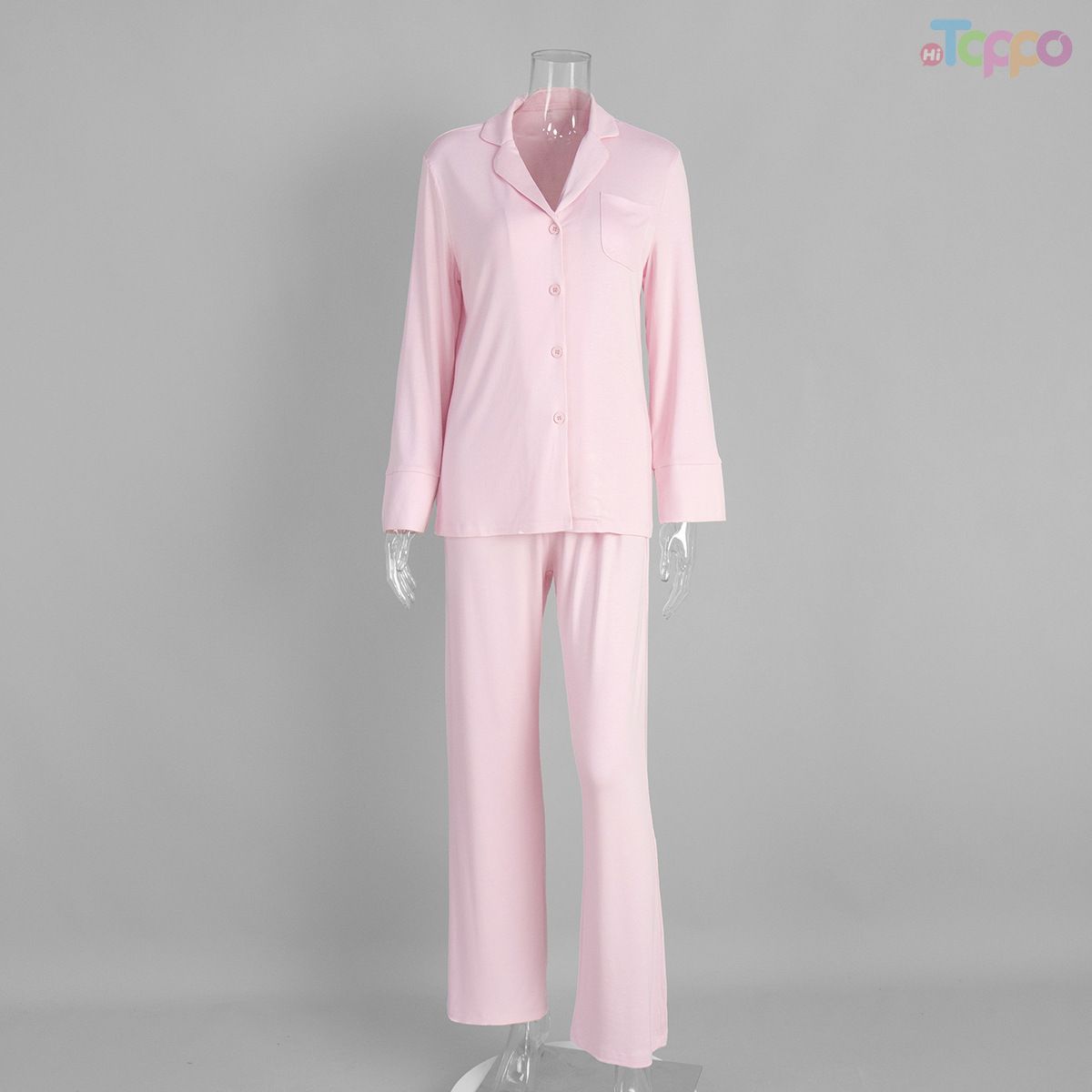 Soft Pink Lapel Collar Button-Front Cozy Pajama Set