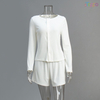 White Embossed Crew Neck Cardigan Shorts Two-Piece Set