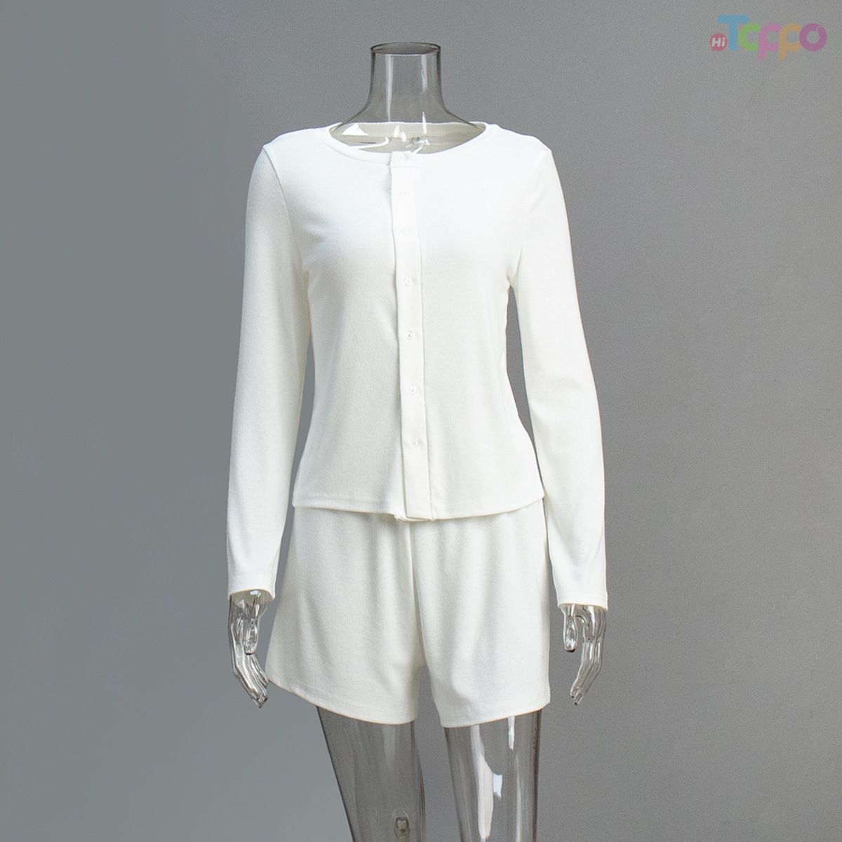 White Embossed Crew Neck Cardigan Shorts Two-Piece Set